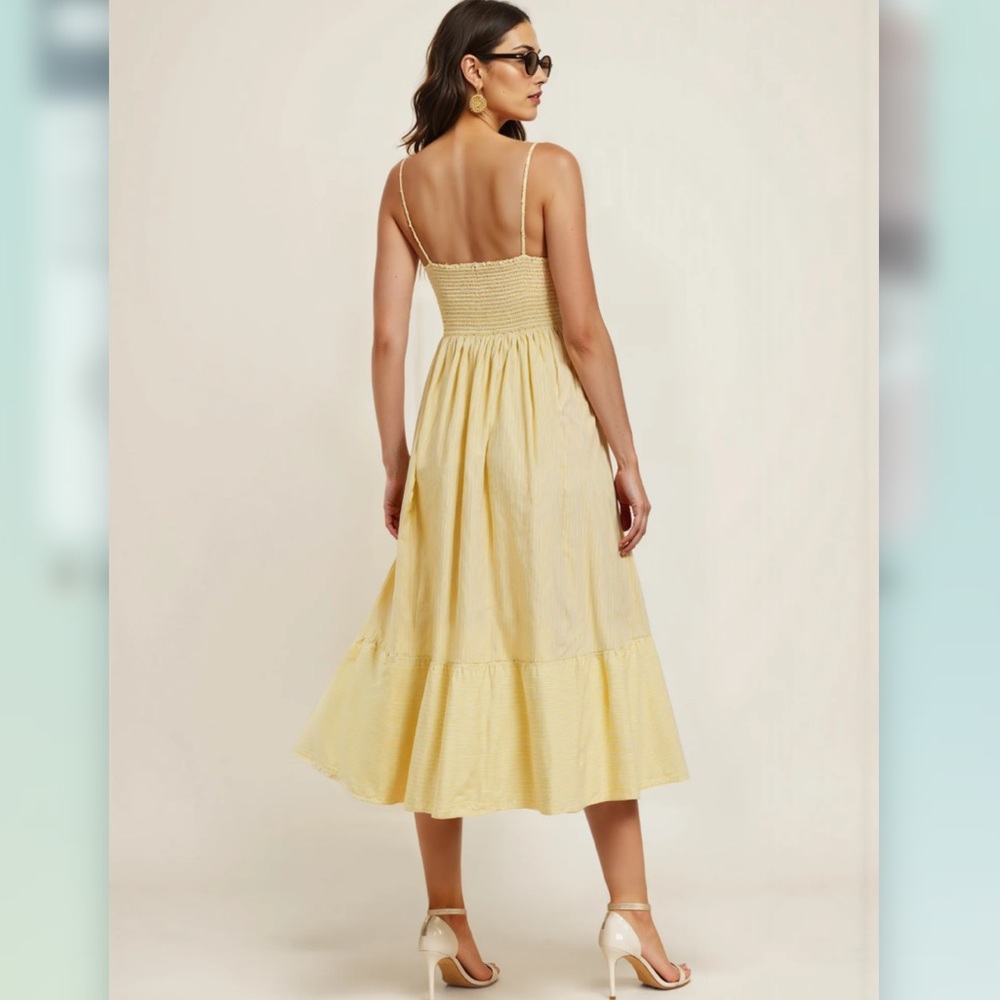 New York & Company Yellow Striped Bowtie Midi Sun Dress - Picture 3 of 6